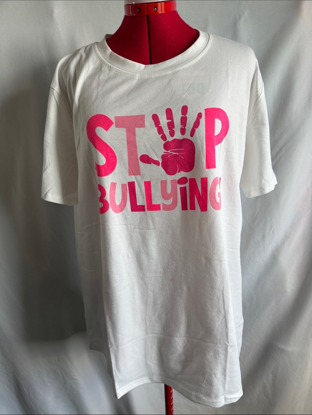 Women’s White Short Sleeve Tee with Pink Stop Bullying Graphic